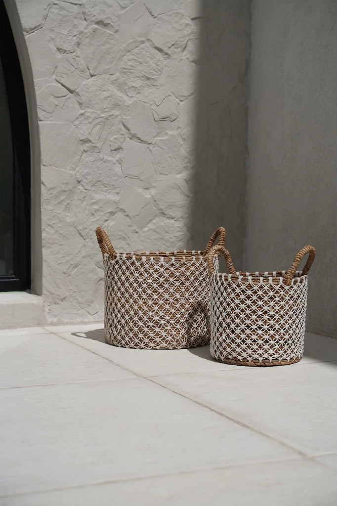 Panier en macramé brodé - Naturel Blanc - L