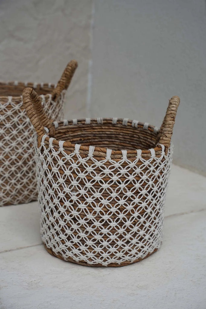 Panier en macramé brodé - Naturel Blanc - S