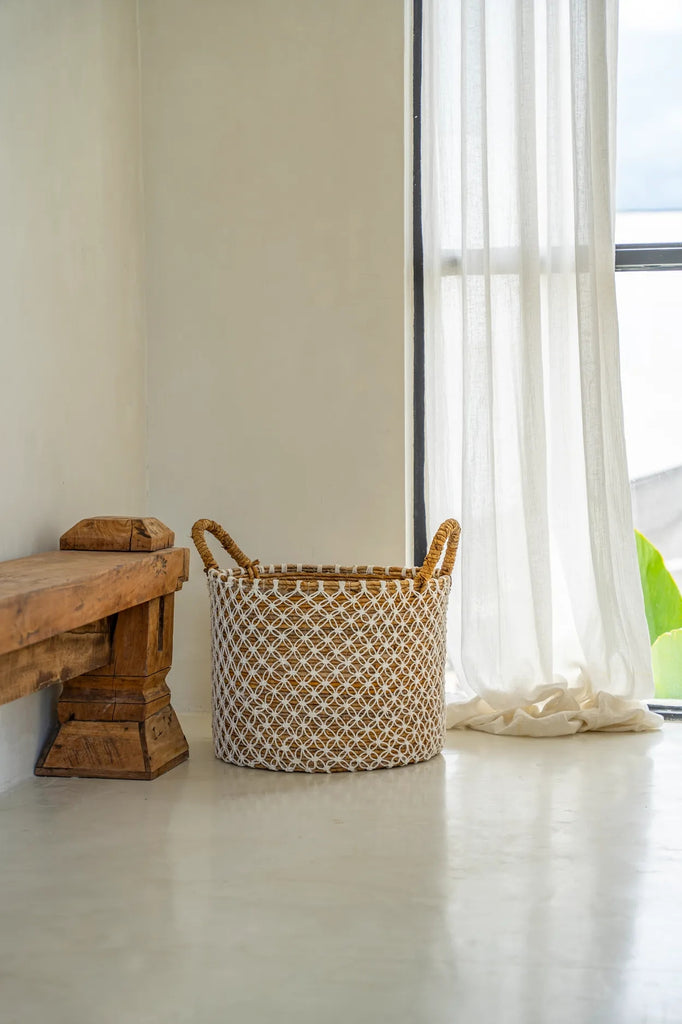 Panier en macramé brodé - Naturel Blanc - S