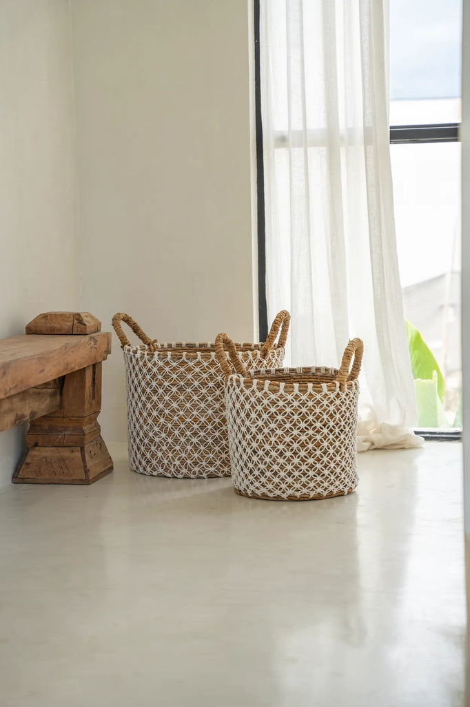 Panier en macramé brodé - Naturel Blanc - S