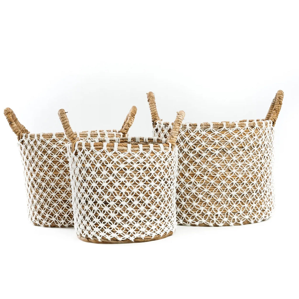 Panier en macramé brodé - Naturel Blanc - S